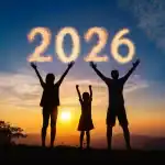 Happy family silhouette celebrating new year 2026 together